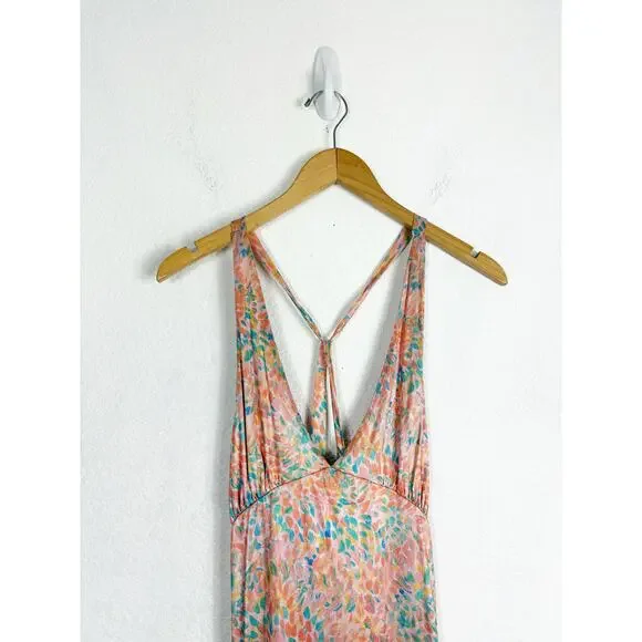 Free People Nowhere To Be Slip Dress Medium Midi Coral Floral Stretch Satin - Picture 4 of 14